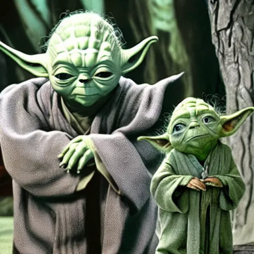 Image similar to Yoda surrounded by other members of his species