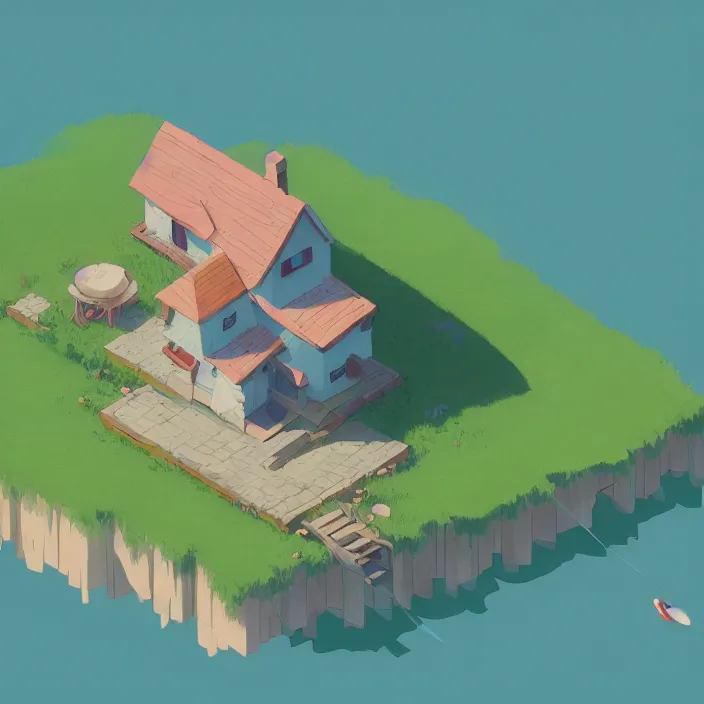 Prompt: isometric view of a lovely cottage standing in the middle of a lake, plain background, cory loftis, james gilleard, atey ghailan, makoto shinkai, goro fujita, studio ghibli, exquisite lighting, clear focus, very coherent, soft painting