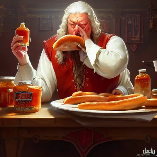 Image similar to William Penn eating Hot Dogs, dripping BBQ Sauce, serving big macs, D&D, spilling ketchup, fantasy, intricate, elegant, highly detailed, digital painting, artstation, concept art, matte, sharp focus, illustration, hearthstone, art by Artgerm and Greg Rutkowski and Alphonse Mucha