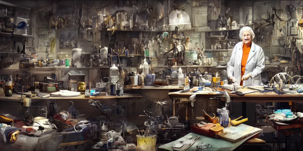 Prompt: an environmental concept art of an elderly female scientist in a cluttered workshop, surigcal impliments, surgery table, highly detailed, cinematic, dramatic