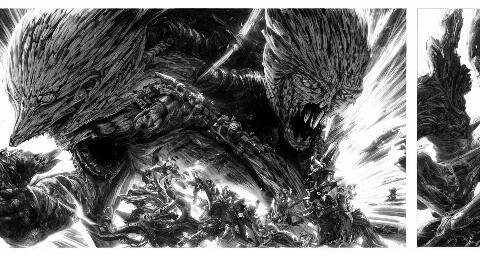 Prompt: one punch man vs red eyed beast by h. r. giger and greg rutkowski, the last guardian by fumito ueda - elden ring