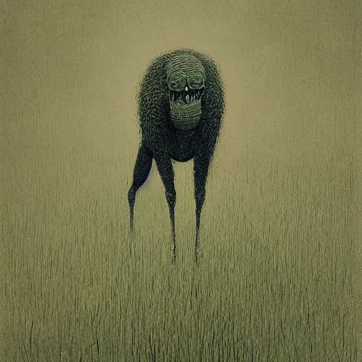 Prompt: A scary animal like creature standing in a lush green field, drawing by Beksinski