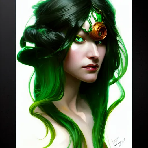 Image similar to aristocrat, green black orange color palette, black female, d & d, fantasy, intricate, elegant, highly detailed, long green hair, digital painting, artstation, octane render, concept art, matte, sharp focus, illustration, hearthstone, art by artgerm, alphonse mucha johannes voss