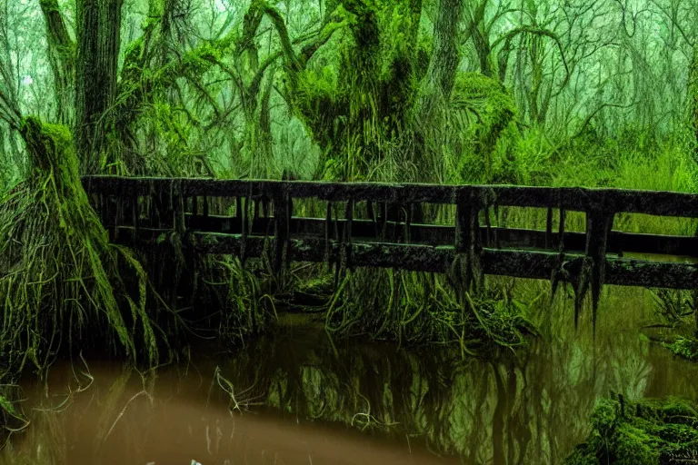 Image similar to a cursed bridge through an evil swamp