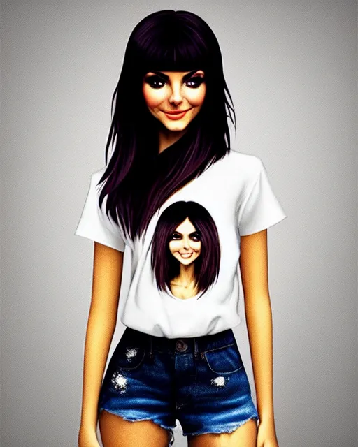 Image similar to full, up close, 1 2 0 mm film portrait of a beautiful victoria justice, in tshirt, stoned, happy, by saruei and guweiz and ilya kuvshinov and rockwell and warhol allover fashion photography, ultra clear and sharp focus, trending on artstation hq, deviantart, pinterest, unreal engine 5, 4 k uhd image