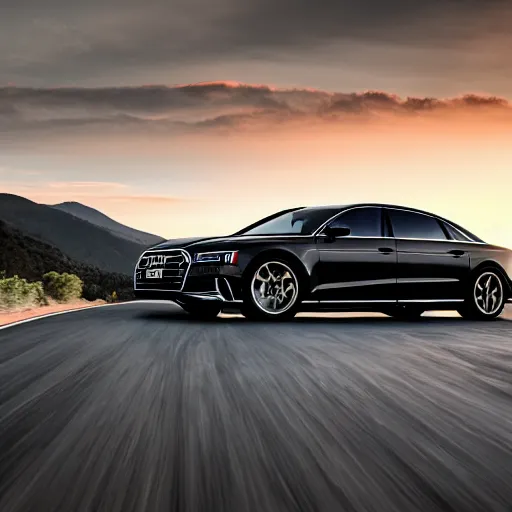 Prompt: black 2020 audi a8 racing on a road on a mountain at sunset, car photography, 4k professional photo