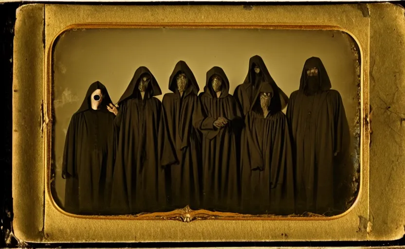 Image similar to a old daguerreotype photo of a group of cultists, wearing robes, wearing hoods, on a pilgrimage to hell, grainy, old photo, golden ratio, scary, horror photography, 5 0 mm lens, f 1. 8