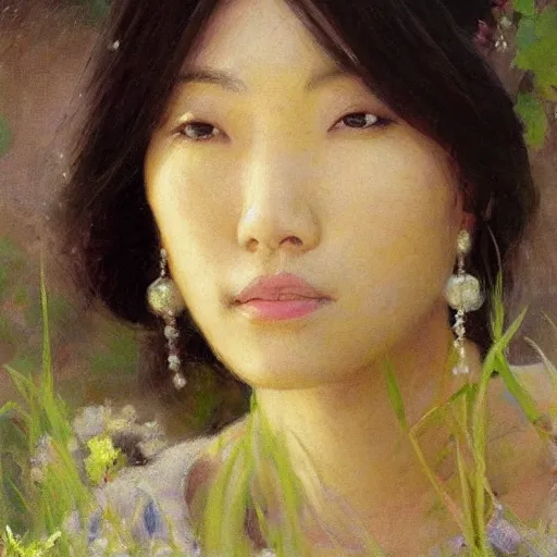 Image similar to elegant asian woman by the river, detailed face, correct face, painting by Gaston Bussiere, Craig Mullins