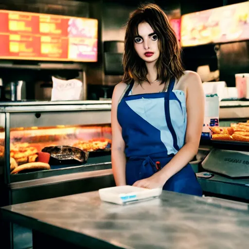 Image similar to ana de armas portrait working in a fast food restaurant, in a cinematic cyberpunk style, 3 5 mm