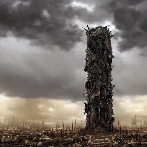 Image similar to giant evil bio-organic fleshy complex machine tower with tendrils and one eyeball at the top looking over a stormy post-apocalyptic wasteland, dystopian art