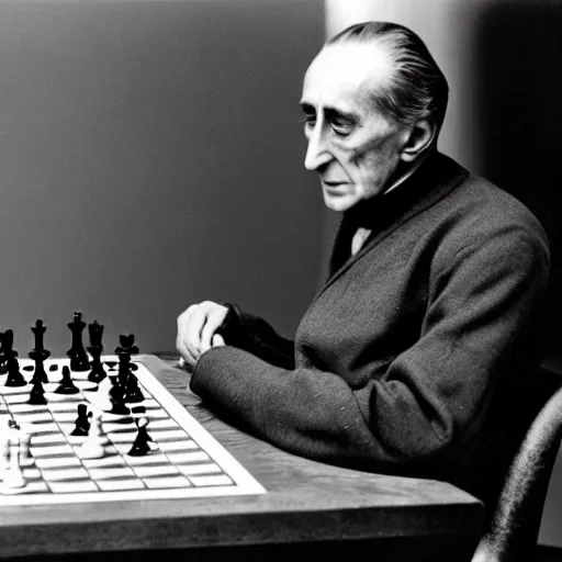 Image similar to a long exposure shot of Marcel Duchamp working on a chess readymade object, archival pigment print