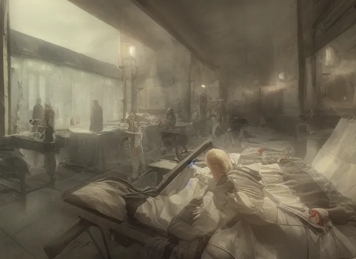 Prompt: 1 8 5 4 crimean war, army hospital in scutari at night, wounded patients in beds on both sides of hospital ward, finely detailed perfect art, painted by greg rutkowski makoto shinkai takashi takeuchi studio ghibli