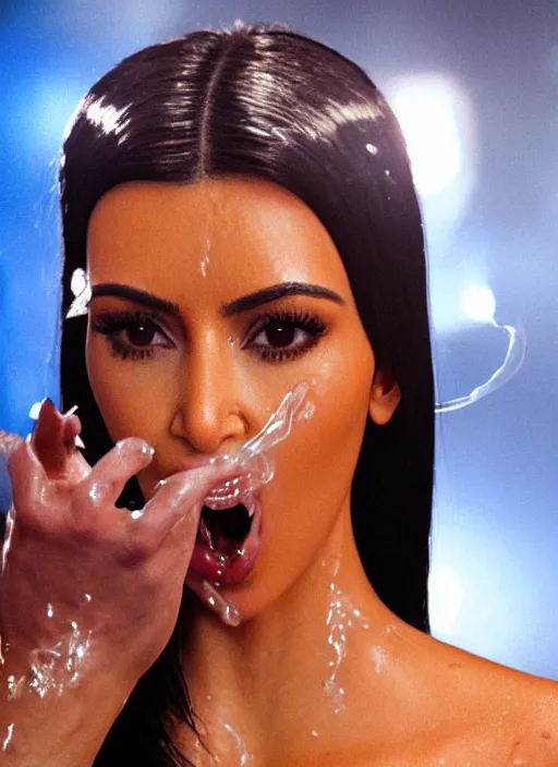 Image similar to film still of kim kardashian being ingested by an xenomorph, alien goo, transparent goo, transparent liquid, saliva, 8 k