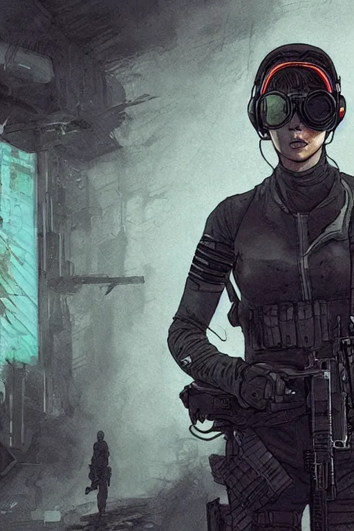 Image similar to maria. Deadly blackops mercenary in tactical gear and cyberpunk headset. Blade Runner 2049. concept art by James Gurney and Mœbius.