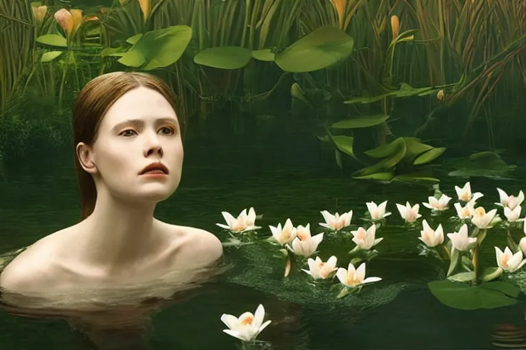 Prompt: cinematic 3 d portrait of a woman's porcelain head and shoulders floating in a pond, surrounded by a forrest of lillies, deep focus, intricate, elegant, highly detailed, matte, sharp focus, by bill henson and gregory crewdson and james jean