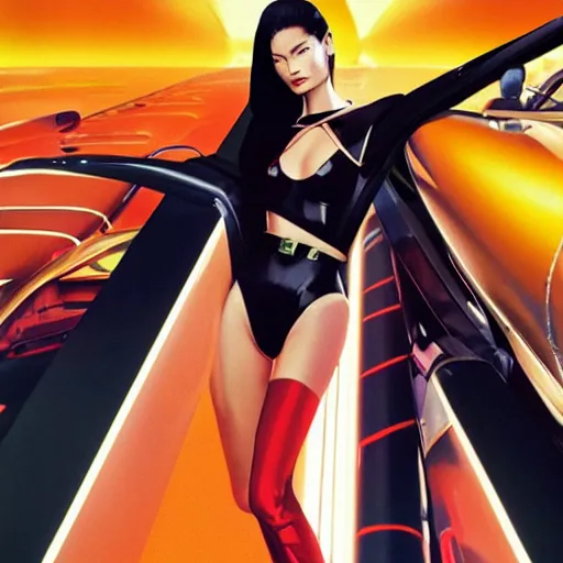 Image similar to VS Fashion model Sui He as a Bond Girl in a Retro futuristic James Bond movie poster in style of anime and speed racer, Makeup by Pat McGrath, cinematic, realism, Greg rutkowski, 1990s