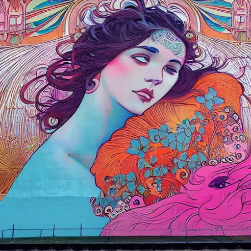 Prompt: an enormous mural in pink and orange, many colorful birds and exuberant fish kissing, urban Street art by refreshink, l7m, pantone, ghibli, alphonse mucha, Gustav klimt