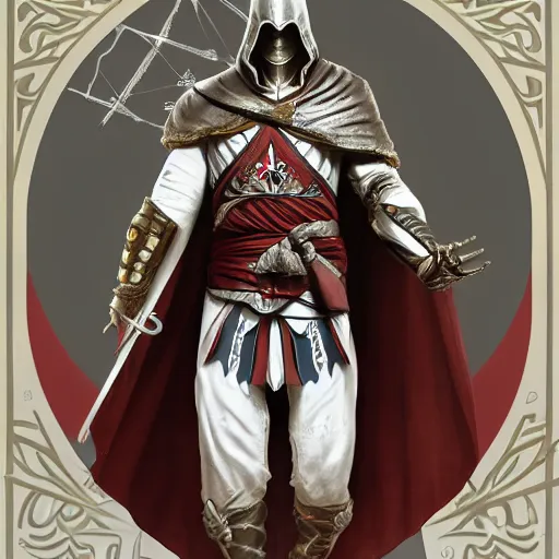 Image similar to an ultra detailed vector image of ezio auditore dressed as solaire of astora, concept art by alphonse mucha and greg rutkowski, praise the blood moon, octane render, liminal space