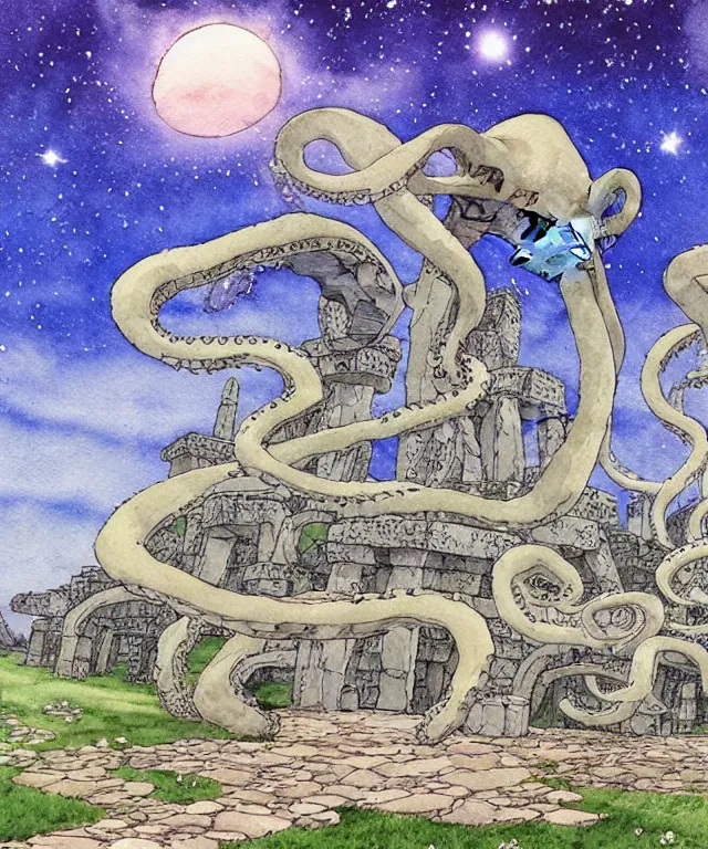 Image similar to a hyperrealist studio ghibli watercolor fantasy concept art. in the foreground is a giant grey octopus building and putting stones in to place on top of stonehenge with a starry sky. by rebecca guay, michael kaluta, charles vess