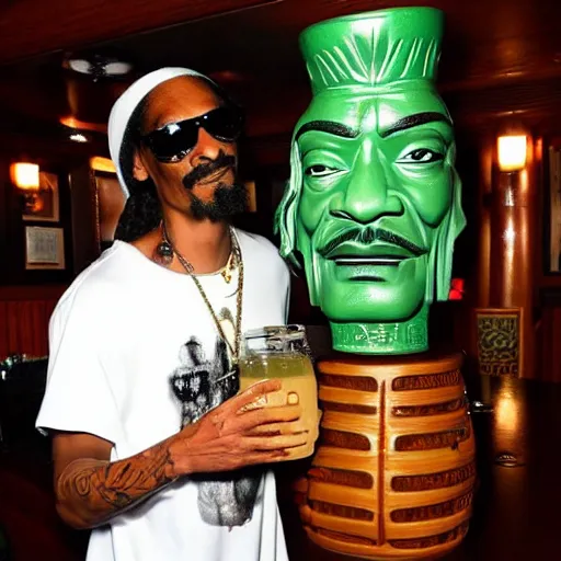 Image similar to snoop dogg at trader vic's bar holding a tiki mug with his face on it