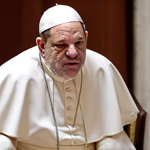 Image similar to Harvey Weinstein dressed in Pope\'s Outfit during a Speech in the Senate on Coruscant