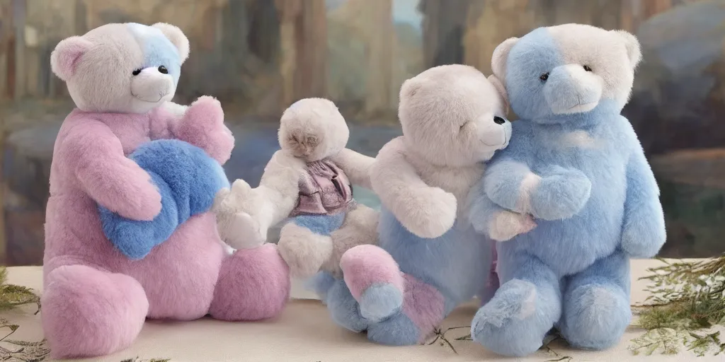 Prompt: 3 d precious moments plush bear with realistic fur and an blue / white / gray / green / pink / tan / mid pink / blue gray color scheme, snowy mountain landscape, master painter and art style of john william waterhouse and caspar david friedrich and philipp otto runge