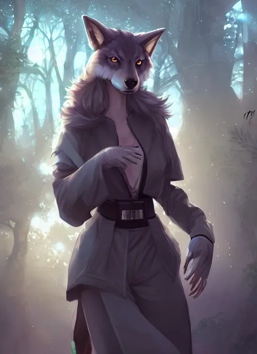 Image similar to commission of a beautiful portrait of a female anthro wolf fursona wearing jedi robes in a forested cyberpunk city. character design by charlie bowater, ross tran, artgerm, and makoto shinkai, detailed, soft lighting, rendered in octane