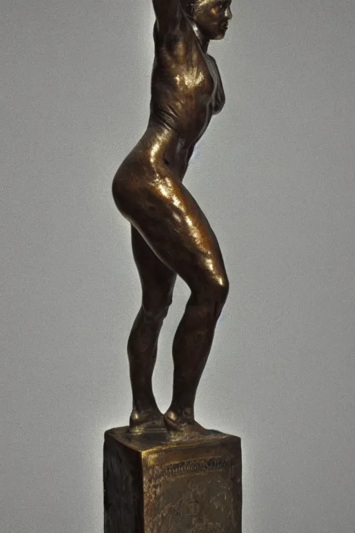 Image similar to detailed photo of a famous old bronze patina statue of woman, various poses, photorealism, intricate detail, some light reflexions, museum diffuse lighting