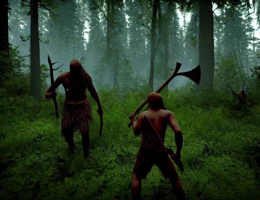 Image similar to a the forest game screenshot with one tribal enemy in the middle of the screenshot the player is holding a axe ultra realistic