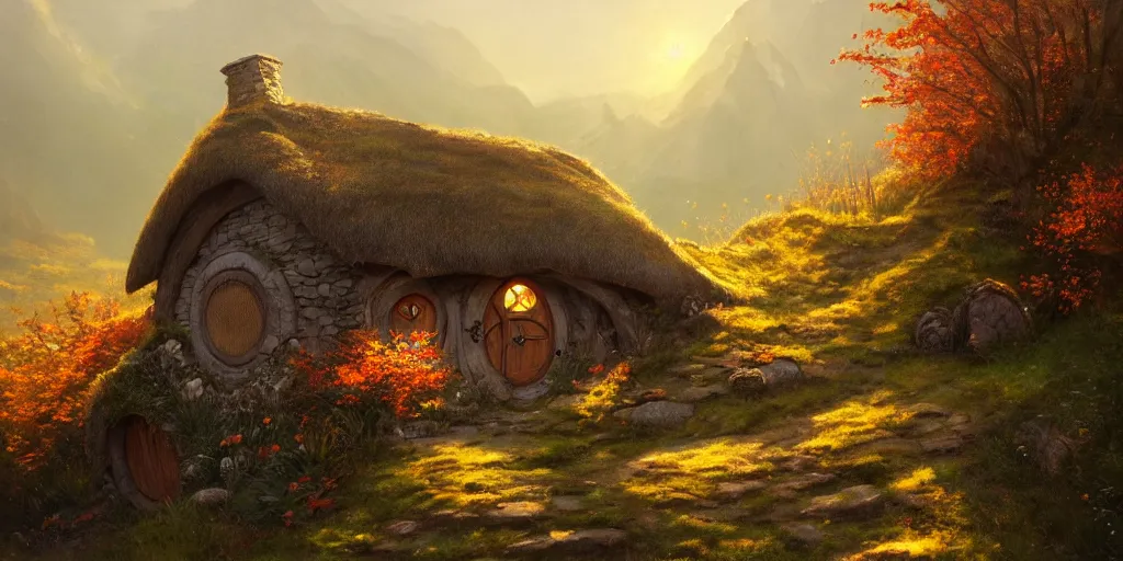 Image similar to a hobbit cottage on top of a steep hill, greg rutkowski, zabrocki, moebius, karlkka, jayison devadas, highly detailed, autumn sunlights, smoky atmosphere, ( ray of sunlight ), trending on artstation, sharp details, 8 k, ultra wide angle, zenith view, lens effect