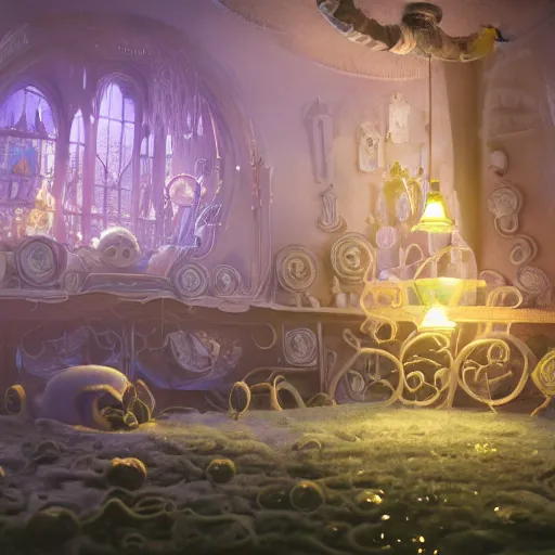 Image similar to ghost mansion, expressive eyes, floating, rbc, bunny, radiolaria, protophyta, micro - organisms, center frame, symmetric, rim light, marine microbiology, bioluminescence, electric, fur, soft, concept art, intricate details, highly detailed, colorful, photorealistic, disney pixar, octane render, iridescent, anime