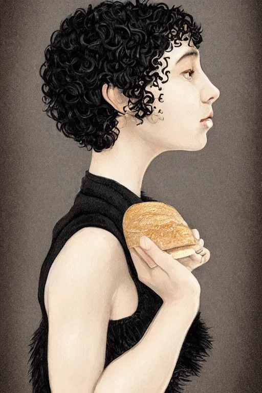 Image similar to beautiful cottagecore of a girl with short black curly hair, round face, cute face, holding a loaf of bread. There's also a black cat on her shoulder. intricate, elegant. highly detailed, digital painting, artstation, concept art, smooth, sharp, focus, illustration. Black cats. art by artgerm and greg rutkowski and alphonse mucha