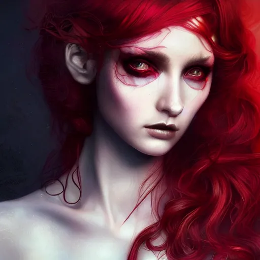 Prompt: princess of darkness, style of tom bagshaw, artgerm, james jean, piercing eyes, long glowing red hair, cinematic, highly detailed, award winning