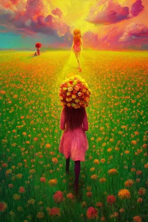 Image similar to giant flower head, girl walking in a flower field, surreal photography, sunrise, dramatic light, impressionist painting, colorful clouds, digital painting, artstation, simon stalenhag