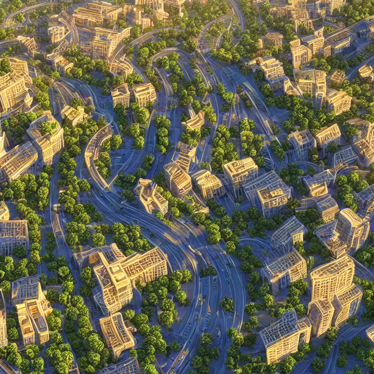 Image similar to a beautiful eco-city center full of skybridges and terraces, sunbeams, golden hour, detailed, realism, 8k high resolution