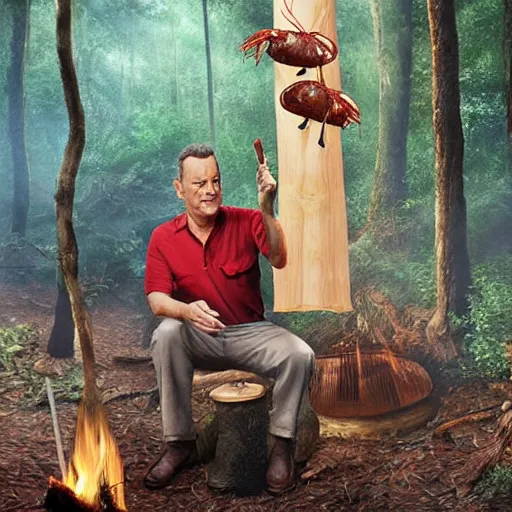 Image similar to Tom Hanks as forrest holding a giant shrimp on a stick over a campfire in the jungle, realistic digital painting, in the style of Aleksi Briclot, photoreailstic, realistic face, amazing detail, sharp