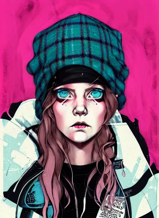 Prompt: highly detailed portrait of an american sewer punk lady student, blue eyes, tartan hoody, hat, white hair by atey ghailan, by greg tocchini, by kaethe butcher, by james gilleard, gradient pink, black, brown, cream and light blue color scheme, grunge aesthetic!!! ( ( graffiti tag wall ) )