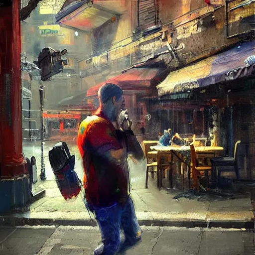 Image similar to a realistic hyperdetailed multi - colored digital oil full body portrait painting of a man playing on a playstation 5 outside at a restaurant, beer in hand, in the style of guy denning, ruan jia, and craig mullins. trending on artstation and deviantart. cgsociety digital art.