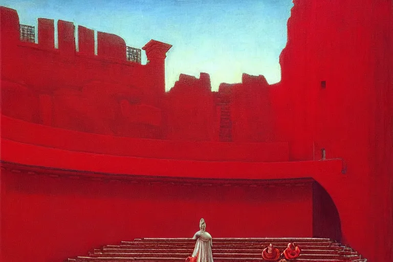 Image similar to only with red, a red great emperor, taormina amphitheatre, crowd with big smile, in the style of beksinski, parts by edward hopper, parts by rodcenko, parts by yue minjun, intricate and epic composition, red by caravaggio, insanely quality, highly detailed, masterpiece, red light, artstation, 4 k