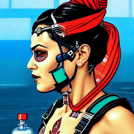 Image similar to a profile photo of a pakistani woman with a diving oxygen mask with side profile blood in ocean intricate details by MARVEL comics and Sandra Chevrier-C