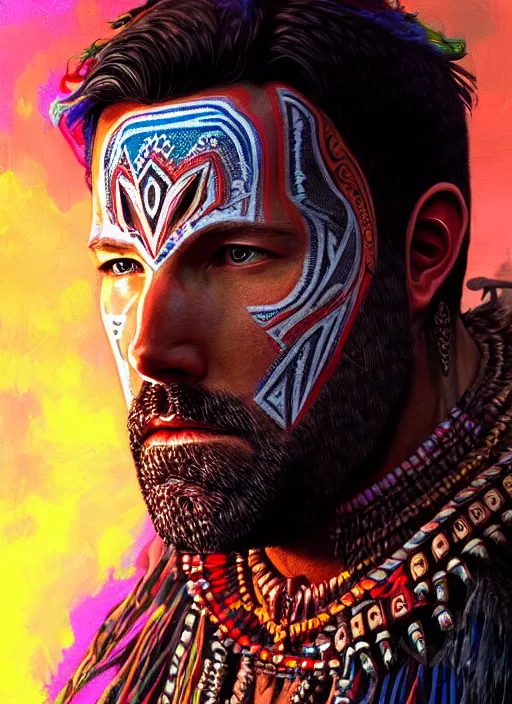 Image similar to portrait of ben affleck, hyper detailed ultra sharp aztec shaman warrior. trending on artstation, warpaint aesthetic, bloodwave, colorful, psychedelic, ornate, intricate, digital painting, concept art, smooth, sharp focus, illustration, art by artgerm and greg rutkowski and h. r. giger, 8 k