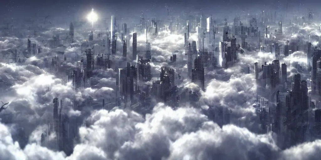 Image similar to a futuristic city on the clouds