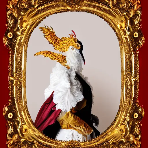 Image similar to portrait of a red monarch, sharp focus, black hair, baroque, rococo, full body, highly detailed, intricate, bird mask, white, regal clothing, gold ethereal light, high fantasy