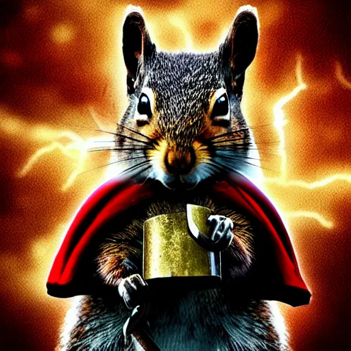 Image similar to the squirrel thor ~ holding his hammer ~ dramatic thunder background ~ fighting scene ~