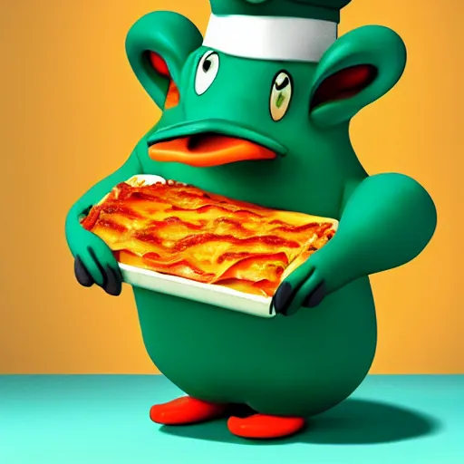 Image similar to cute platypus wearing a chef hat and holding a lasagna into an over, with three basil leaves over the lasagna, pixar style, ultradetailed, 3 d, ratatouille style