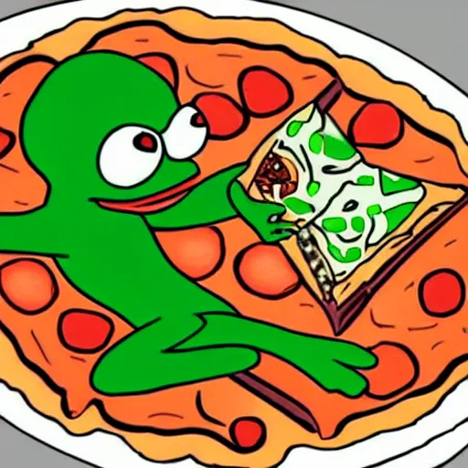 Image similar to pepe the frog chilling in the sofa eating pizza