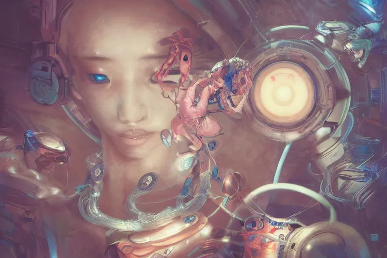 Image similar to hyperrealistic photography of a machine entering a female host in the style of Jin Kagetsu, James Jean and wlop, highly detailed, sharp focus, vivid colors, intricate concept art, digital painting, ambient lighting, 4k, artstation