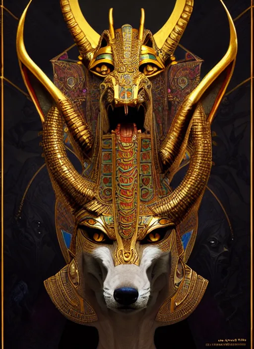 Prompt: angry god anubis, growling jackal with egyptian headdress and nemes, ornate art nouveau scarabs, black and gold palette, symmetry, fantasy, intricate, elegant, highly detailed, colorful, dark colors, dramatic shadow, digital painting, artstation, concept art, art by artgerm and greg rutkowski and ruan jia,