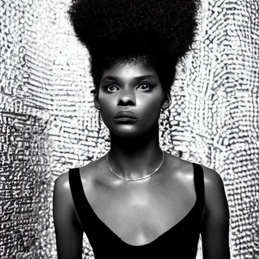 Image similar to Close up of a black female fashion model wearing an edgy black in room of mirrors, photography ,symmetrical, fashion magazine editorial , highly detailed