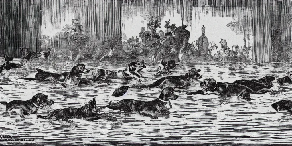 Prompt: a flat illustration of dogs swimming in a wide pool, vaudevillian, from 1890, detailed, vignette, high quality scan, yellowish, greenish